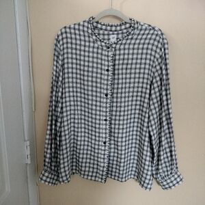Gap XL Cotton Black White Gold Plaid Ruffle Trim Flannel Relaxed Shirt Preppy